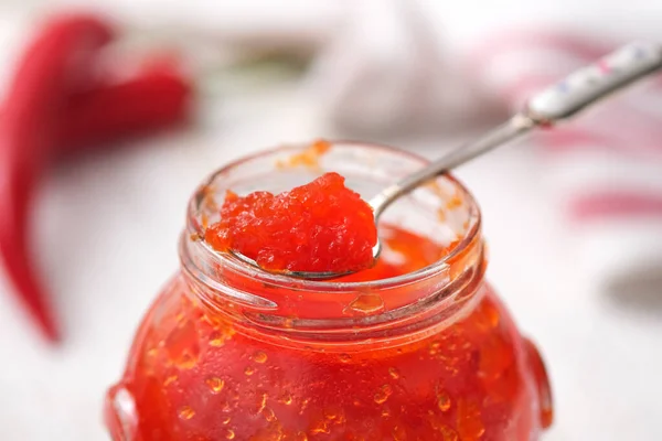 Hete Pepergelei Zoete Paprika Chili Pepersaus Confituur Jam Een Glazen — Stockfoto