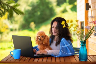 Dağ evindeki bilgisayarın başında çalışan serbest çalışan genç bir kadın. İş yeri konsepti, uzaktan çalışma.