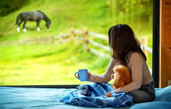 Жінка Сидить Своєю Собакою Ліжку Дивиться Вікном Побачивши Гору — стокове фото