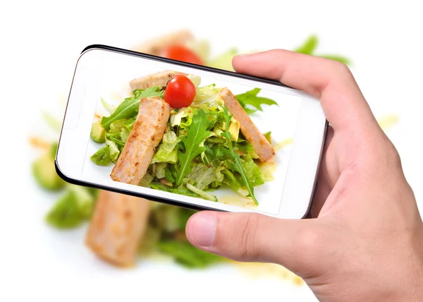 Manos tomando fotos de salmón a la parrilla y verduras con smartphone — Foto de Stock