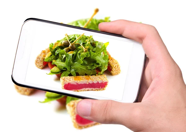 Manos tomando fotos de pescado con ensalada con smartphone — Foto de Stock