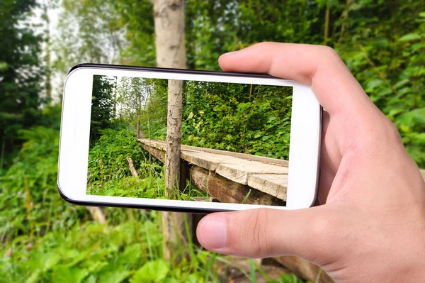 Mãos tirando foto paisagem com uma ponte de madeira sobre um rio com smartphone . — Fotografia de Stock