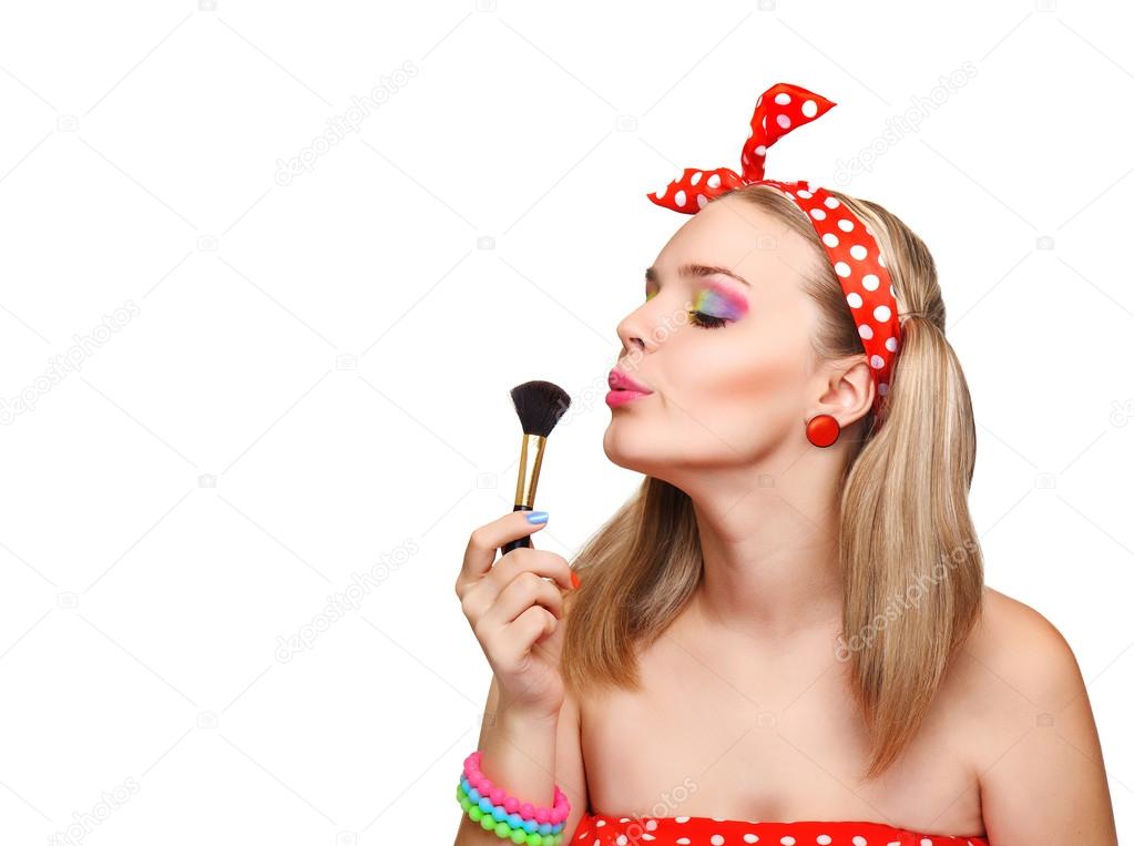 Makeup Applying closeup. Cosmetic Powder Brush.