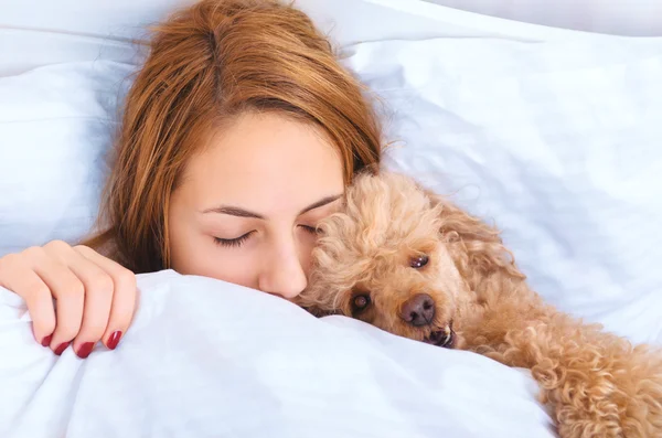 女の子とベッドで彼女の犬 — ストック写真