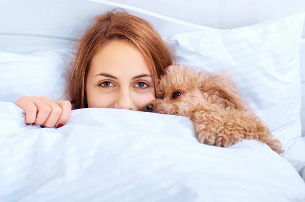 女の子とベッドで彼女の犬 — ストック写真