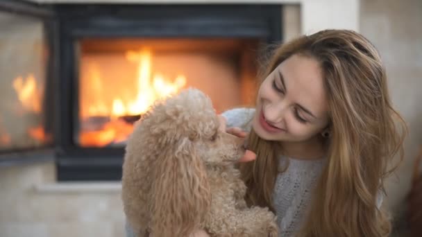 Young Girl with her dog playing at the home. — Stock Video