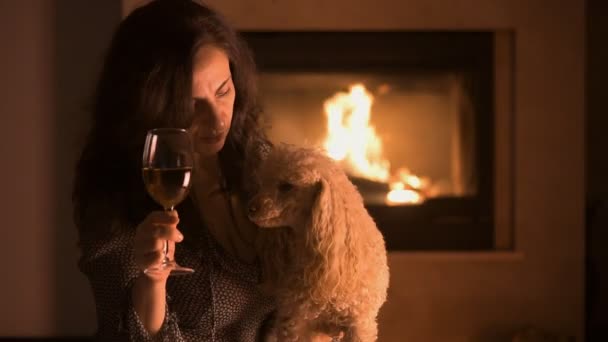 Feliz joven mujer con su perro sentado cerca de la chimenea y beber vino . — Vídeos de Stock