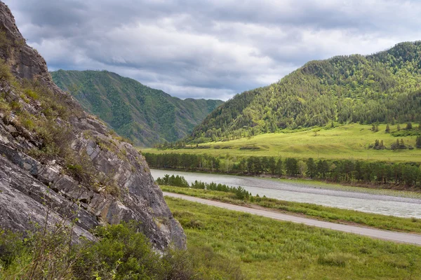 Berg rivier stroomt langs kleine Canyon met Green Forest — Stockfoto