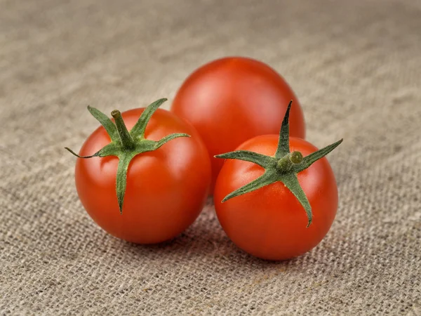 Tomates cereja frescos maduros em tecido grosso — Fotografia de Stock