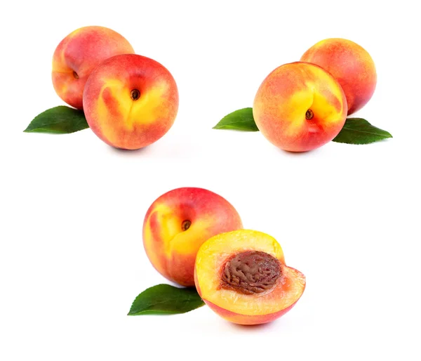 Set of Fresh Peach Fruits with Green Leaf — Stock Photo, Image