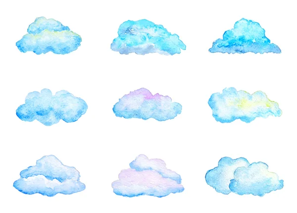 Conjunto de nubes de acuarela azul brillante, aisladas en blanco —  Fotos de Stock