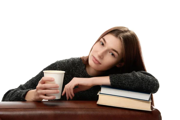 Mujer joven apoyada en libros —  Fotos de Stock