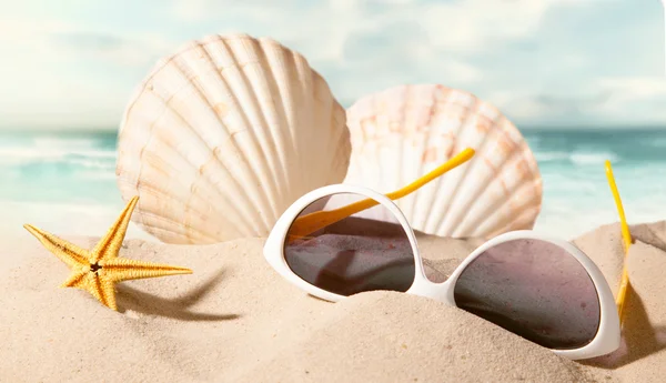 Powłoki z okulary przeciwsłoneczne na plaży — Zdjęcie stockowe