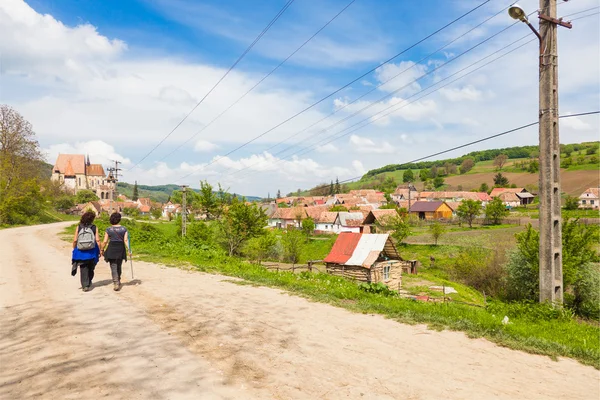Wandelaars op pad in de buurt van dorp Transsylvanië — Stockfoto