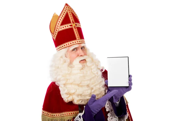 Sinterklaas mostrando caja de DVD en blanco —  Fotos de Stock