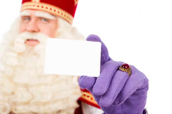 Sinterklaas con tarjeta de visita sobre fondo blanco — Foto de Stock