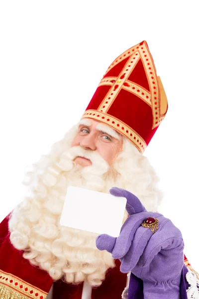 Sinterklaas com cartão de visita em fundo branco — Fotografia de Stock