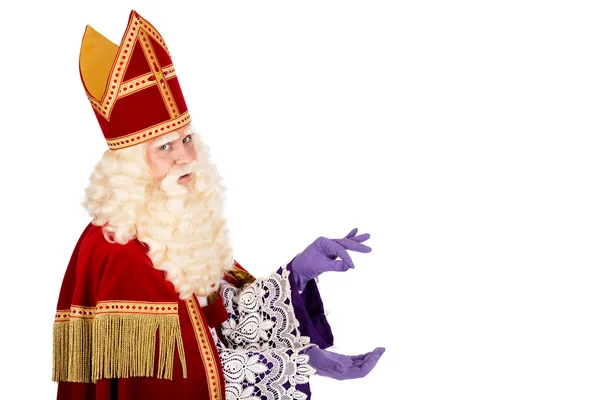 Sinterklaas segurando algo no fundo branco — Fotografia de Stock