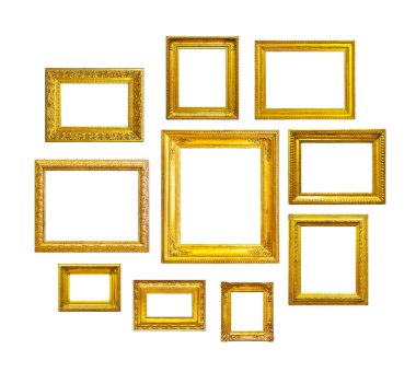Beyaz arka planda altın renkli çerçeveler. Beyaz arkaplanda izole edilmiş resimler, aynalar veya fotoğraf için altın çerçeveler.
