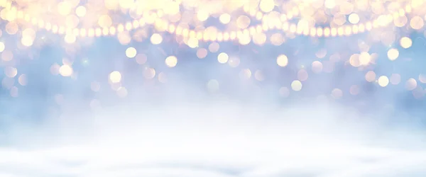 ボケ味のライトと雪の結晶と装飾的なクリスマスの背景 雪の結晶とクリスマスとハッピーニューイヤーブルーの背景 雪降る冬の風景 — ストック写真