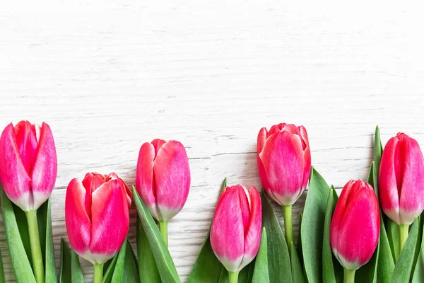 Beautiful Pink Tulips Wooden Background Greeting Card Tulips Mothers Day — Stock Photo, Image