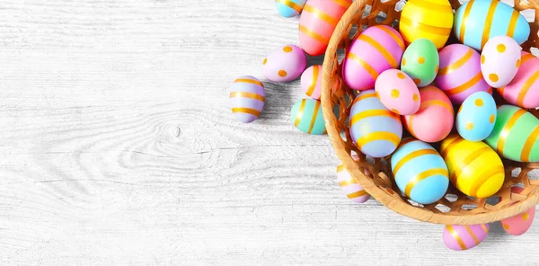 Frohe Ostern Holzhintergrund Mit Rosa Gelben Und Blauen Eiern Geschenkkarte — Stockfoto