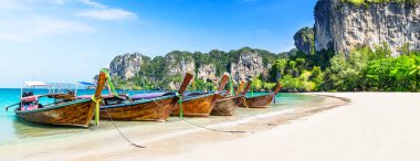 Tayland geleneksel uzun kuyruklu teknesi ve Krabi 'deki güzel kumlu Railay Sahili. Ao Nang, Tayland.