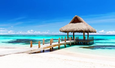 Punta Cana, Dominik Cumhuriyeti 'ndeki tropikal beyaz kumlu plajda güzel bir çardak manzarası. Yaz tatili geçmişi. Güzel tropikal plaj manzarası.