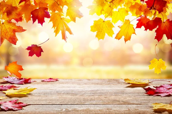 Holztischplatte Auf Unscharfem Herbsthintergrund Herbst Goldenen Abstrakten Hintergrund Mit Bokeh — Stockfoto