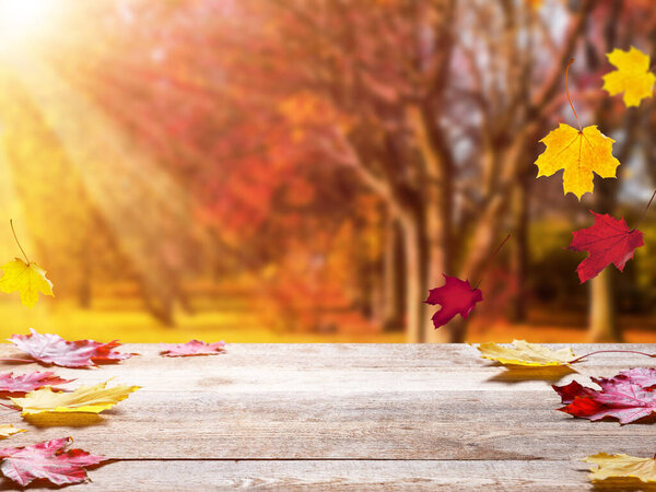 Wooden table top on blur autumn background. Autumn golden abstract background with bokeh light and colorful leaves.