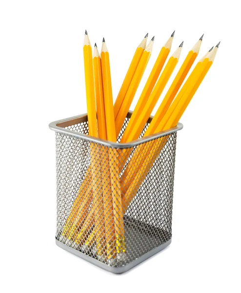 Yellow pencils in metal pot — Stock Photo, Image