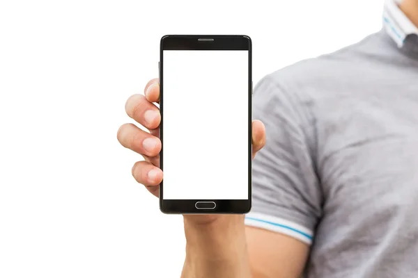 Young man showing a mobile phone application — Stock Photo, Image