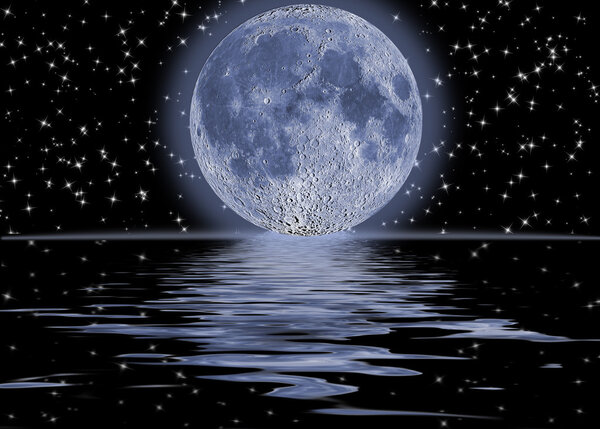 Full moon with star filled sky reflecting in dark waters