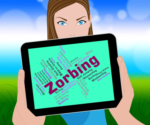 Palabra de Zorbing muestra texto Zorbs y esfera — Foto de Stock