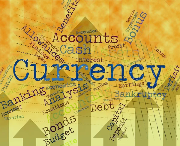 La parola di valuta mostra il tasso di cambio e la moneta — Foto Stock