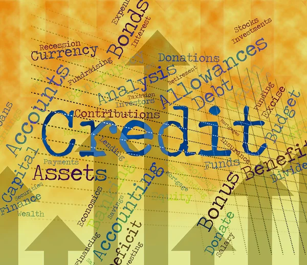 Palavra de crédito mostra cartão de débito e bancário — Fotografia de Stock