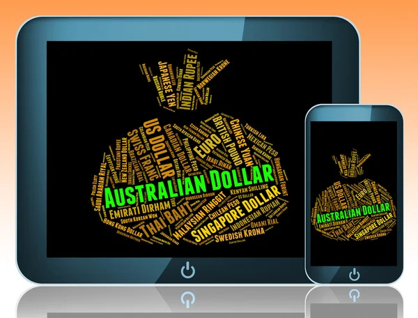 Australian Dollar Means Currency Exchange And Banknote — Stock Photo, Image