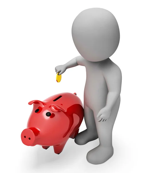 Pengar karaktär innebär spargris och Illustration 3d-Rendering — Stockfoto