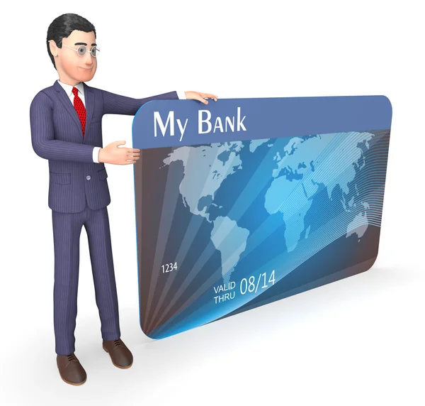 信用卡指示业务人和银行的 3d 渲染 — 图库照片