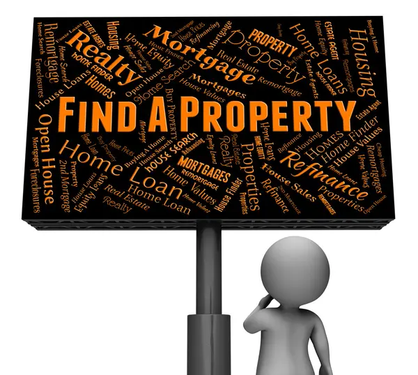 Encontrar propiedad representa bienes raíces y tablero 3d renderizado — Foto de Stock