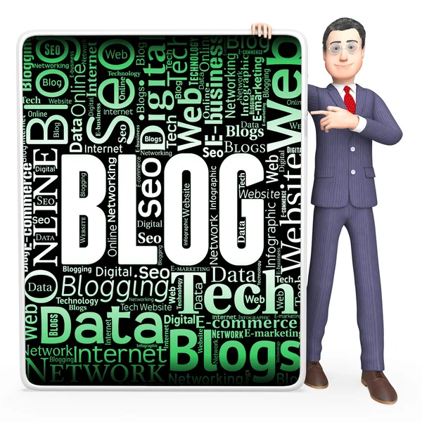 El signo del blog indica el Web site y la representación 3d del bloguero — Foto de Stock