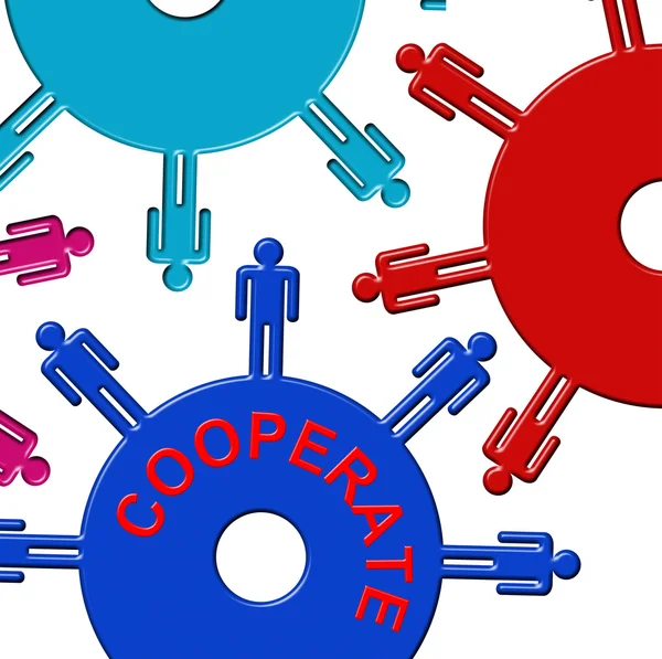 Cooperate Cogs Indicates Gear Wheel And Teamwork — Stock Photo, Image