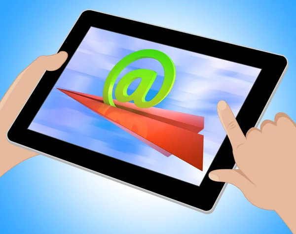 At Sign Aeroplane Shows E-mail Sending Post Tablet — Stock Photo, Image