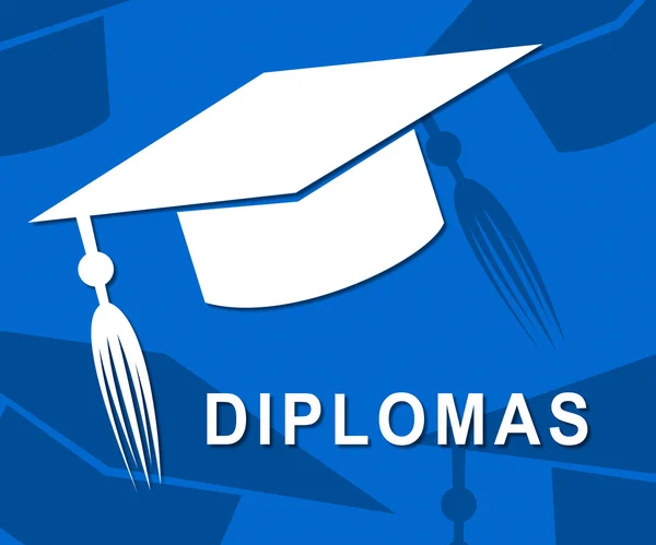 Slavnostní pokrývka hlavy diplomy ukazuje kvalifikace stupňů a univerzity — Stock fotografie