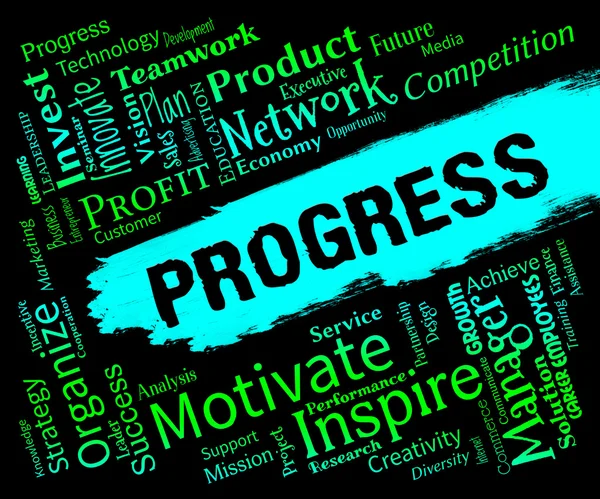 Vooruitgang woorden betekent vooruitgang ontwikkeling en voortgang — Stockfoto