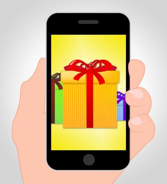 Cadeaux en ligne représente téléphone portable et boîte — Photo