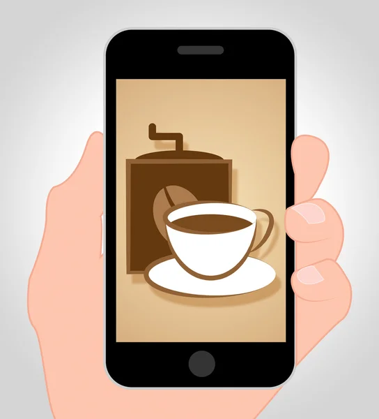 Кофе онлайн показывает мобильный телефон и кофеин — стоковое фото