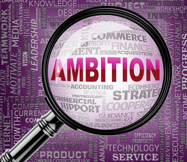 Ambition Magnifier Shows Research Magnify And Objectives — Stock Photo, Image