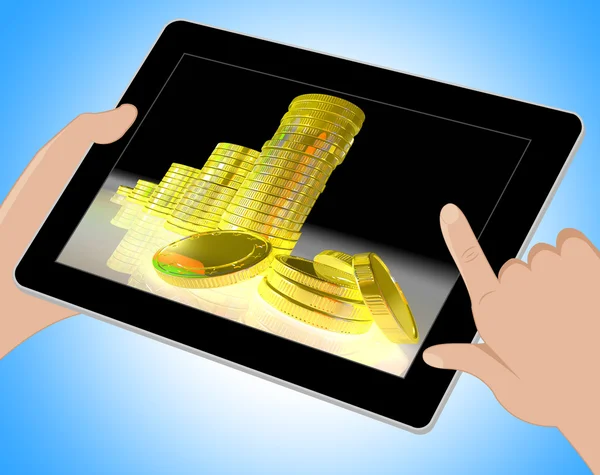 Pile Of Coins Showing Successful Business Tablet — Stock Photo, Image