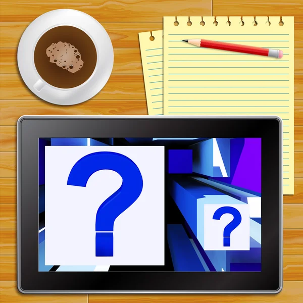 Question Mark On Cubes Shows Uncertainty Tablet — Stock Photo, Image